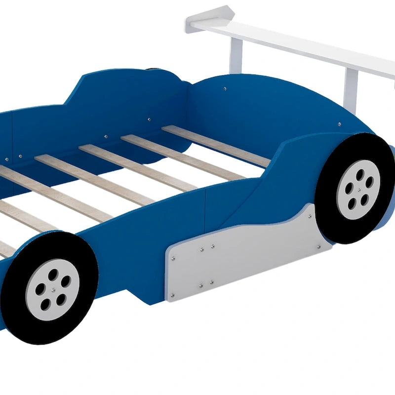 Full Size Wooden Race Car-Shaped Bed Frame with Guardrail
