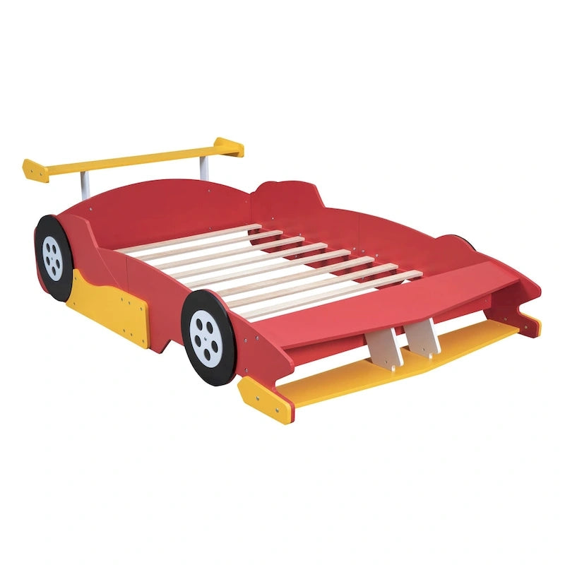 Full Size Wooden Race Car-Shaped Bed Frame with Guardrail