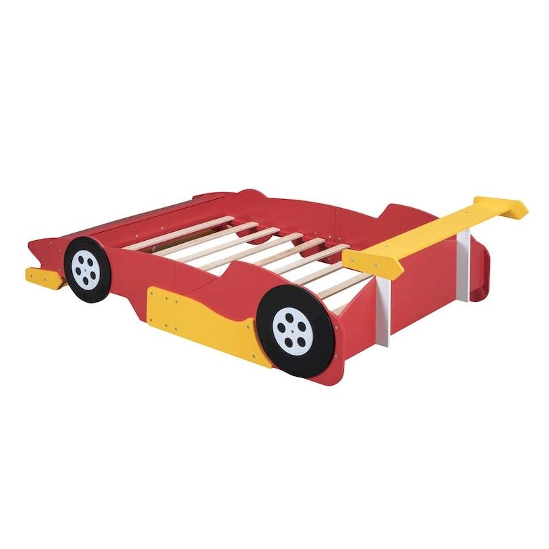 Full Size Wooden Race Car-Shaped Bed Frame with Guardrail