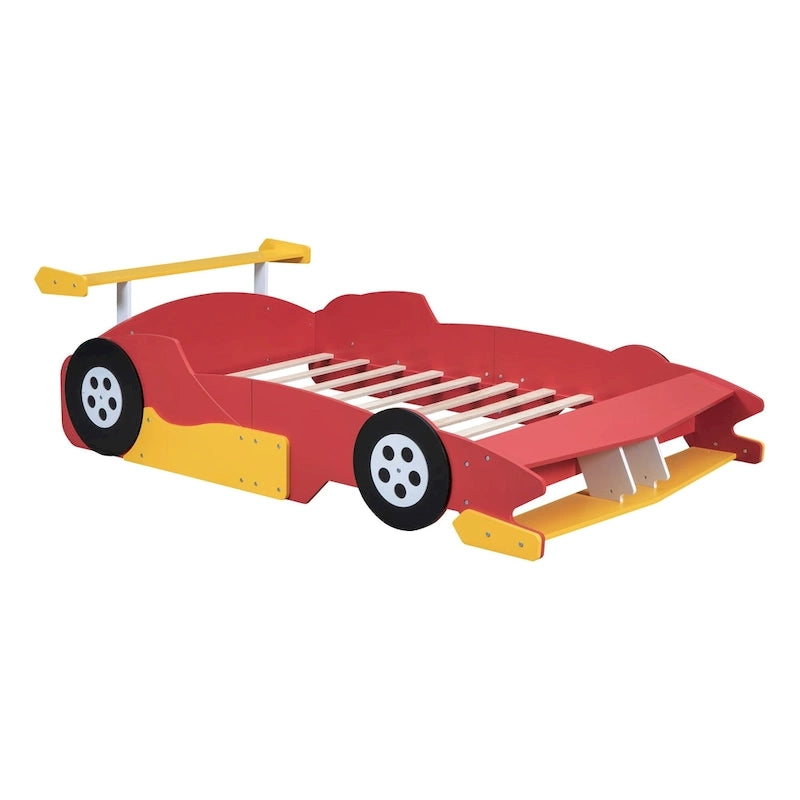 Full Size Wooden Race Car-Shaped Bed Frame with Guardrail