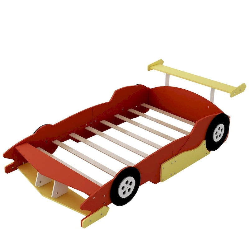 Full Size Wooden Race Car-Shaped Bed Frame with Guardrail