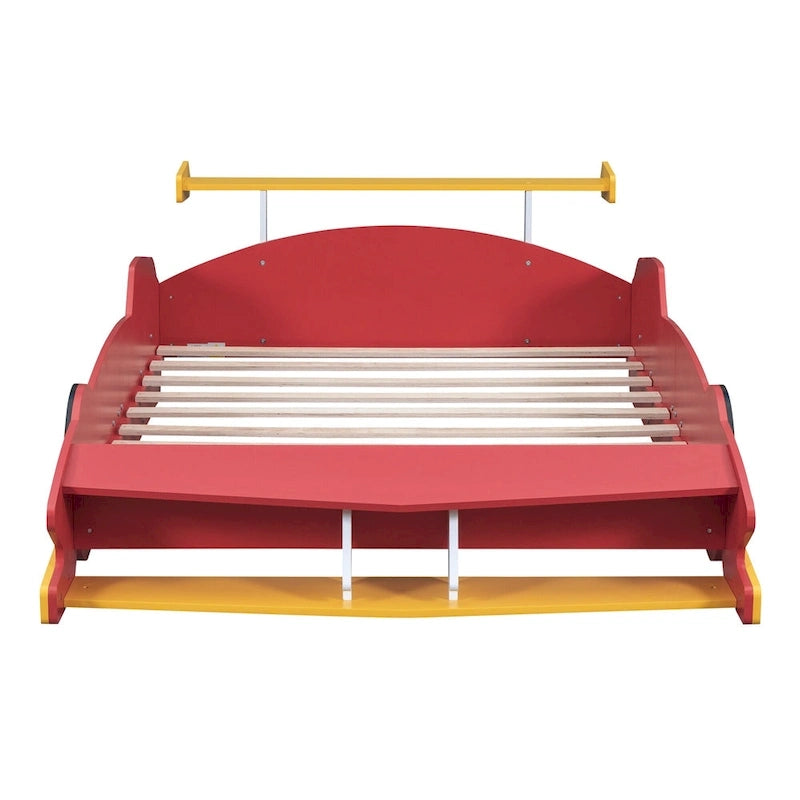 Full Size Wooden Race Car-Shaped Bed Frame with Guardrail