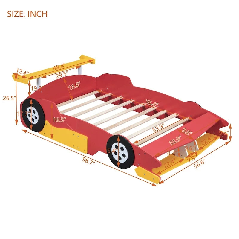 Full Size Wooden Race Car-Shaped Bed Frame with Guardrail