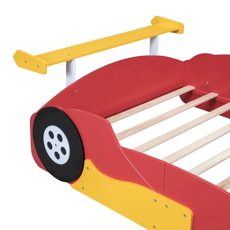 Full Size Wooden Race Car-Shaped Bed Frame with Guardrail