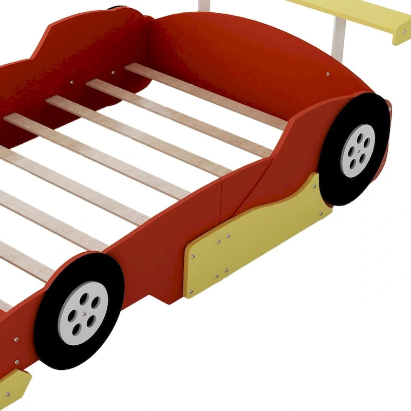 Full Size Wooden Race Car-Shaped Bed Frame with Guardrail
