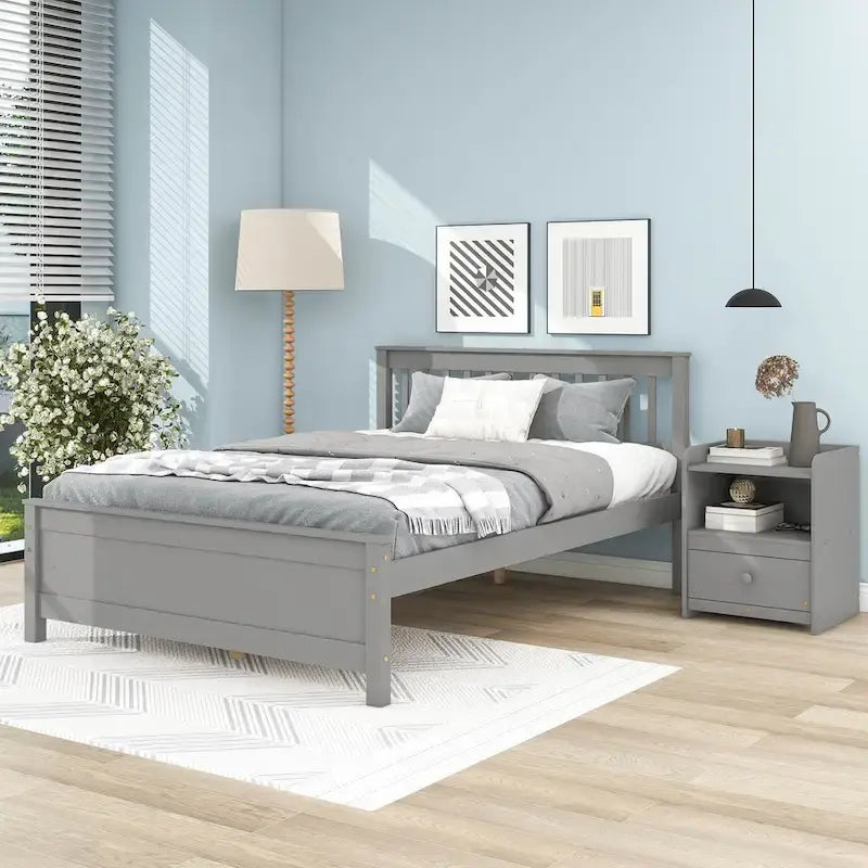 Grey Full Size Platform Pine Wooden Bed with Headboard & Footboard
