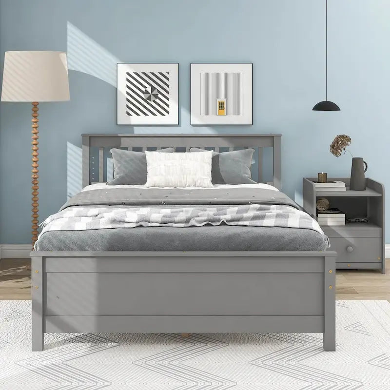 Grey Full Size Platform Pine Wooden Bed with Headboard & Footboard