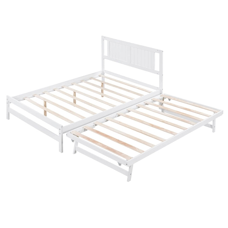 White Full Pine Platform Bed with Adjustable Trundle