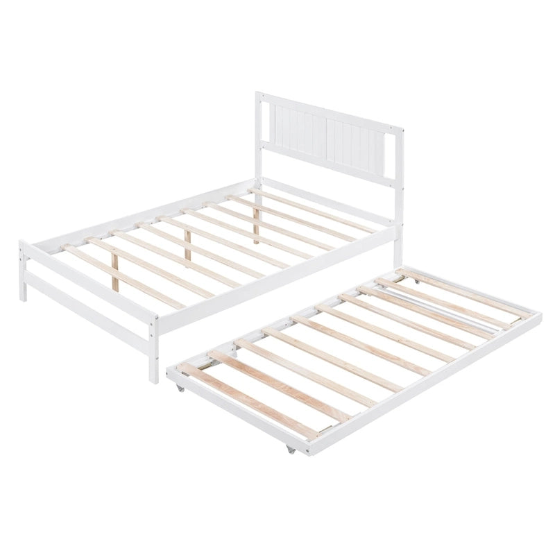 White Full Pine Platform Bed with Adjustable Trundle