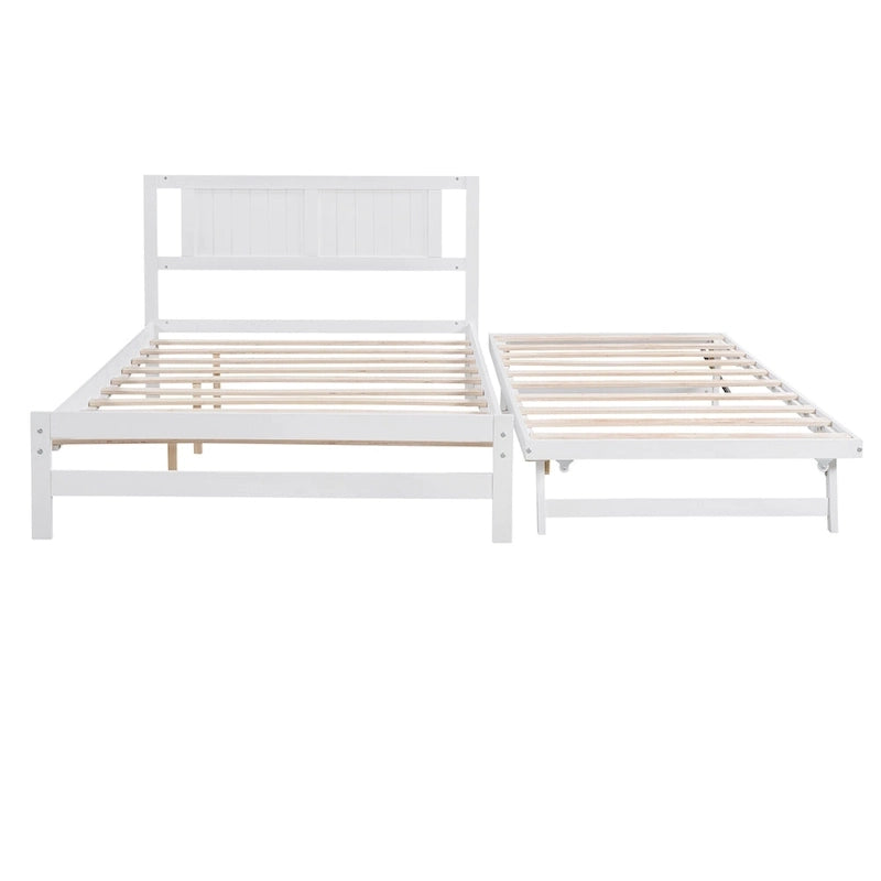 White Full Pine Platform Bed with Adjustable Trundle