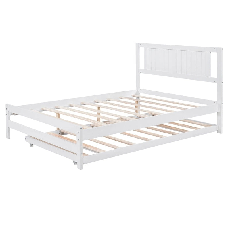 White Full Pine Platform Bed with Adjustable Trundle