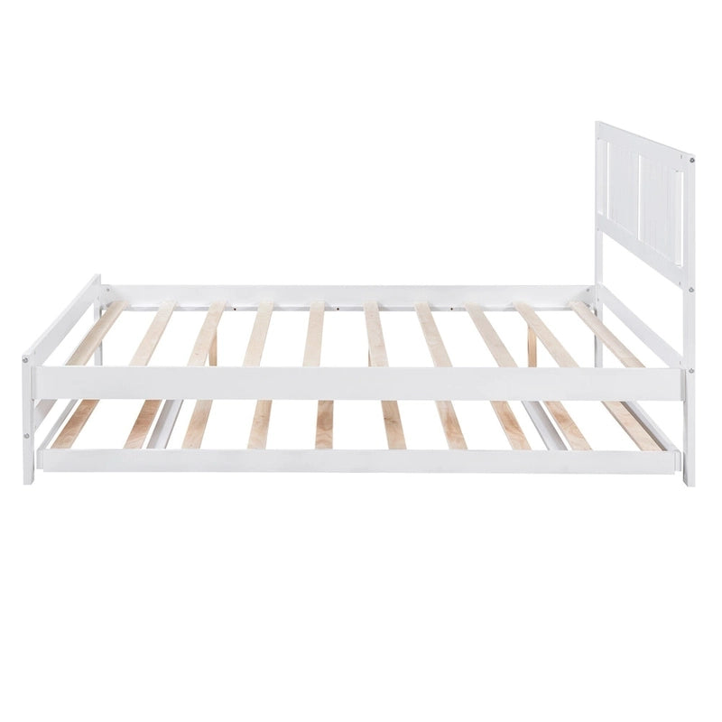White Full Pine Platform Bed with Adjustable Trundle