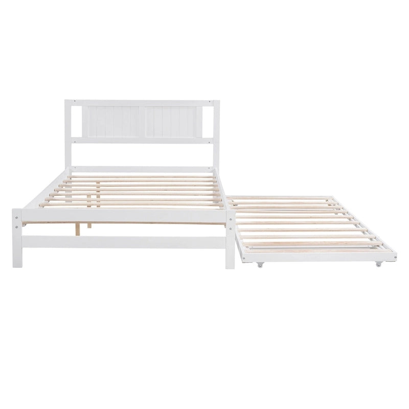 White Full Pine Platform Bed with Adjustable Trundle