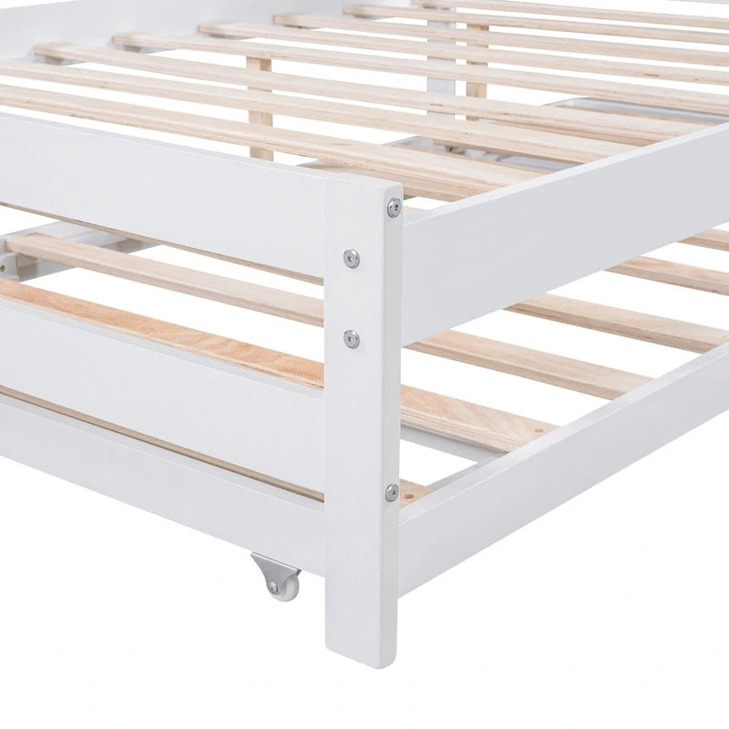 White Full Pine Platform Bed with Adjustable Trundle