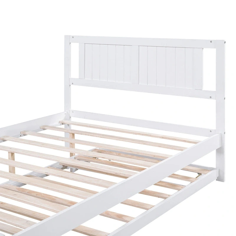 White Full Pine Platform Bed with Adjustable Trundle