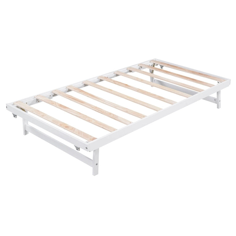 White Full Pine Platform Bed with Adjustable Trundle