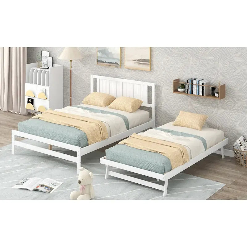Modern Full Size Pine Wood Platform Bed with Adjustable Trundle