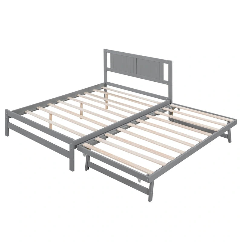 Modern Full Size Pine Wood Platform Bed with Adjustable Trundle