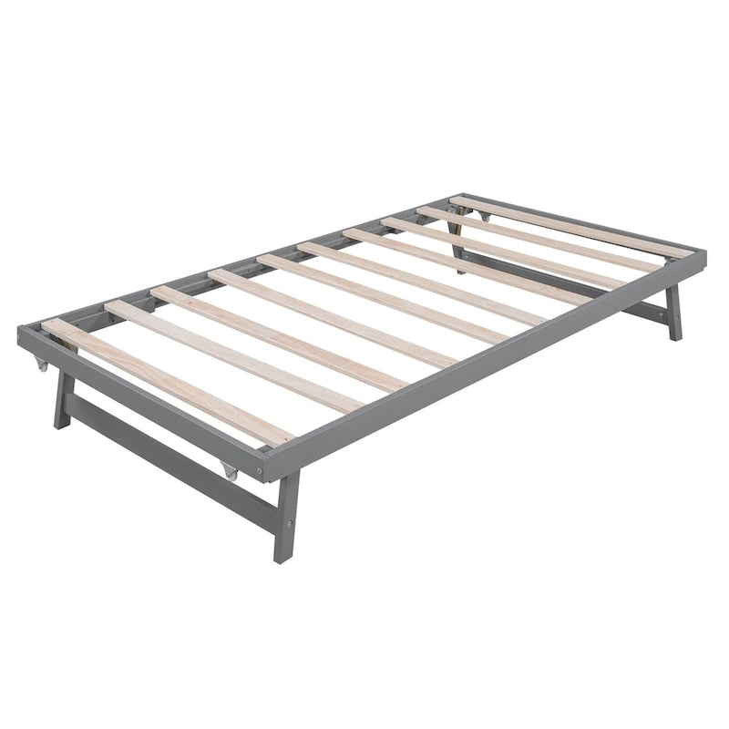 Modern Full Size Pine Wood Platform Bed with Adjustable Trundle