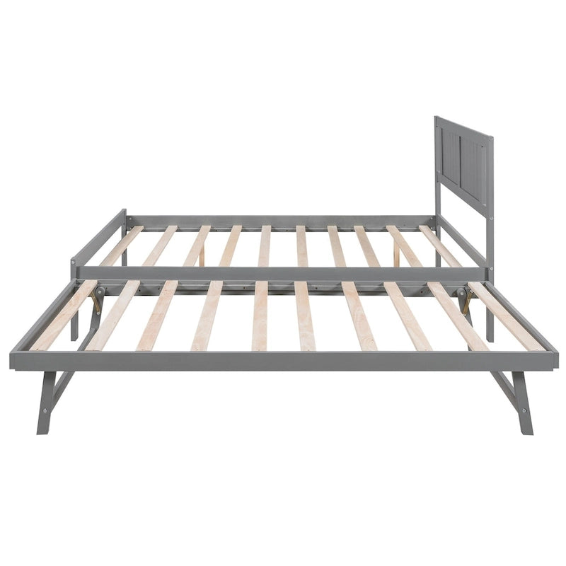 Modern Full Size Pine Wood Platform Bed with Adjustable Trundle