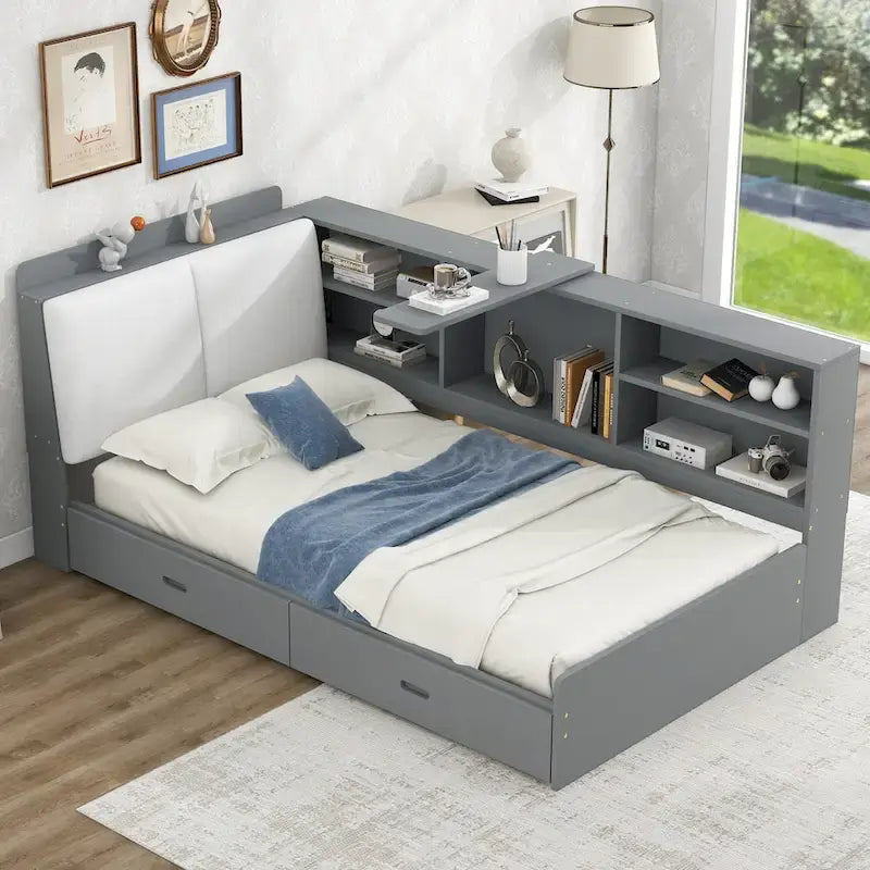 King Size Upholstered Bed with Storage Headboard and Trundle