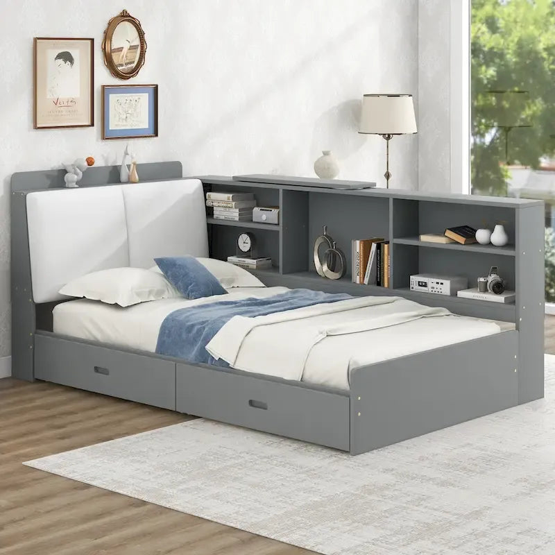 King Size Upholstered Bed with Storage Headboard and Trundle
