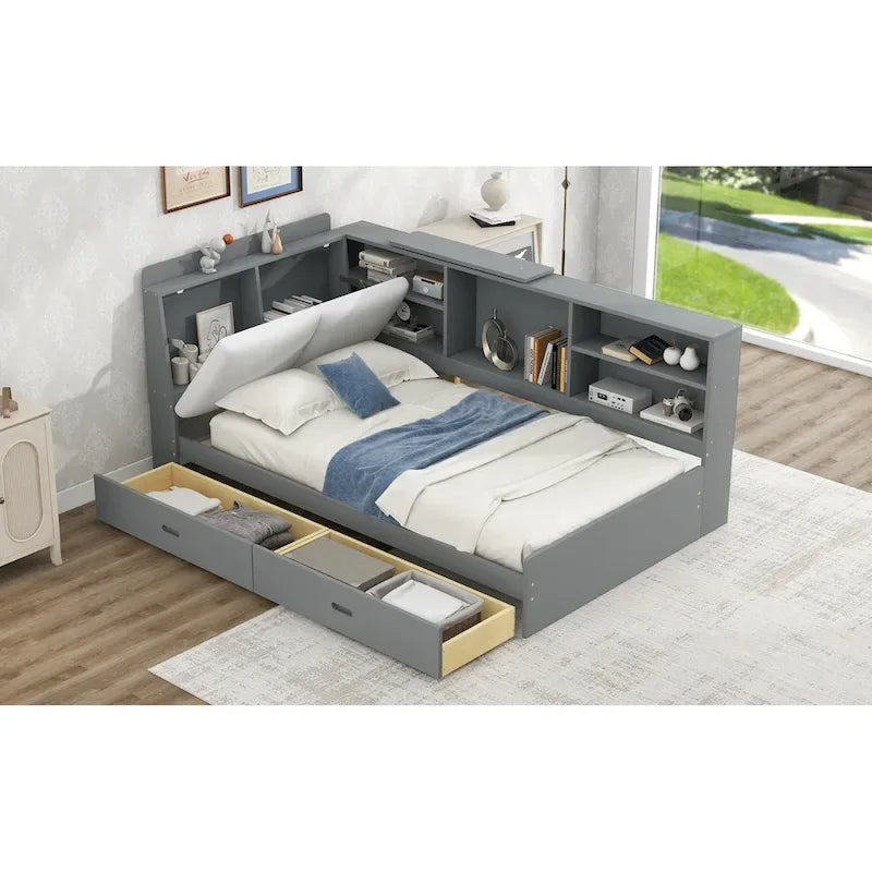 King Size Upholstered Bed with Storage Headboard and Trundle