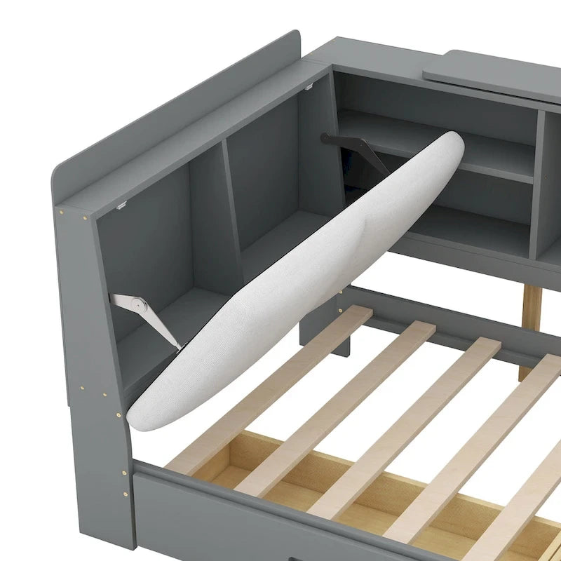 King Size Upholstered Bed with Storage Headboard and Trundle