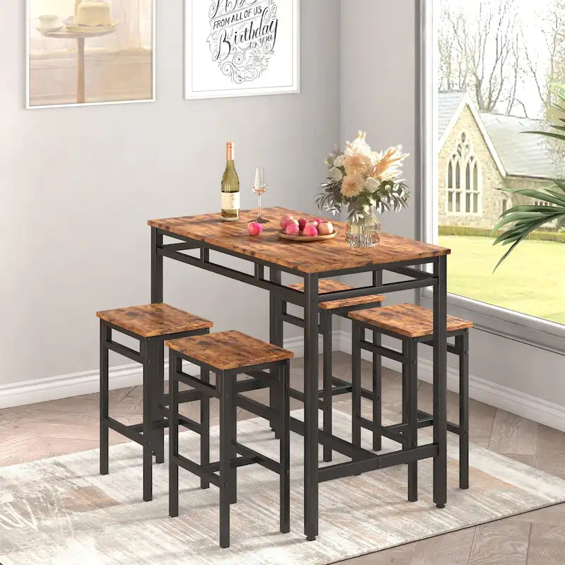 Rustic Style 5-Piece Dining Set with Rectangular Table and 4 High Stools Dining Chairs