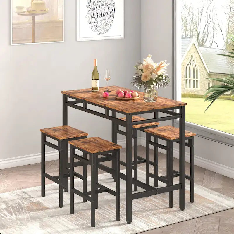 Rustic Style 5-Piece Dining Set with Rectangular Table and 4 High Stools Dining Chairs