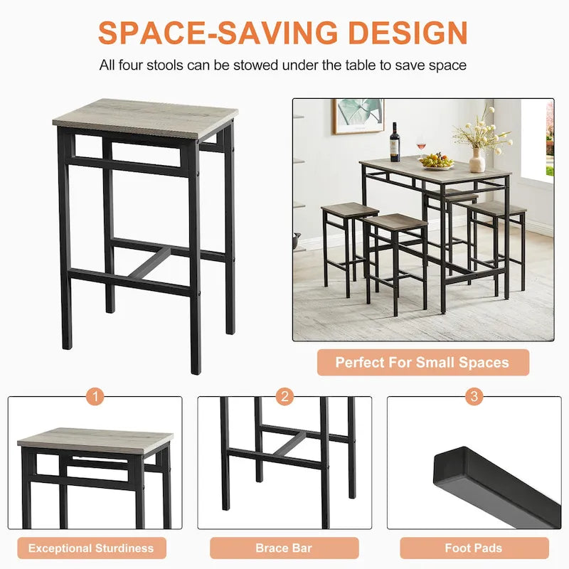 Rustic Style 5-Piece Dining Set with Rectangular Table and 4 High Stools Dining Chairs