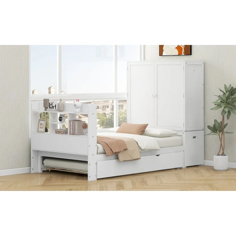 Twin Platform Bed with Storage Headboard, Pull-Out Shelves, and Trundle