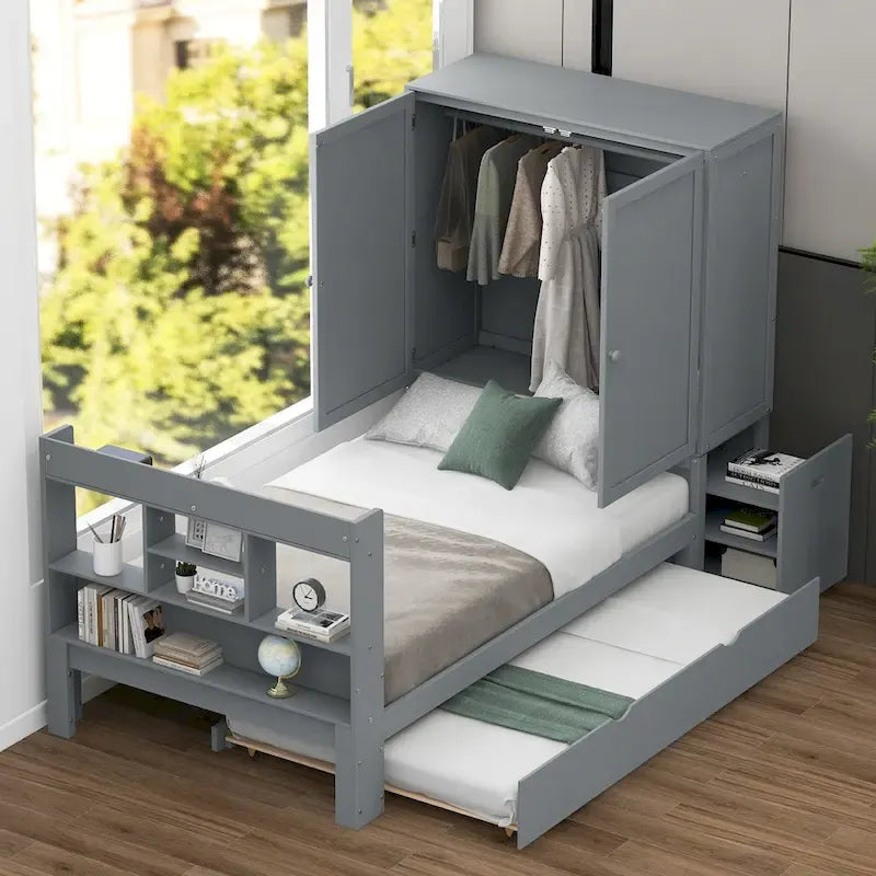 Twin Platform Bed with Storage Headboard, Pull-Out Shelves, and Trundle