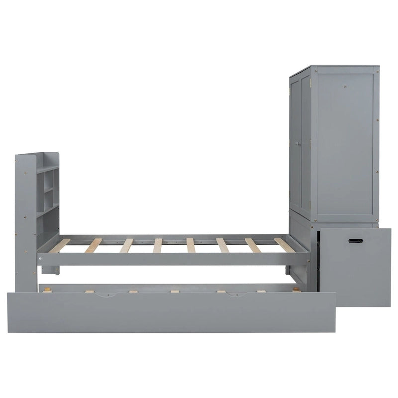 Twin Platform Bed with Storage Headboard, Pull-Out Shelves, and Trundle