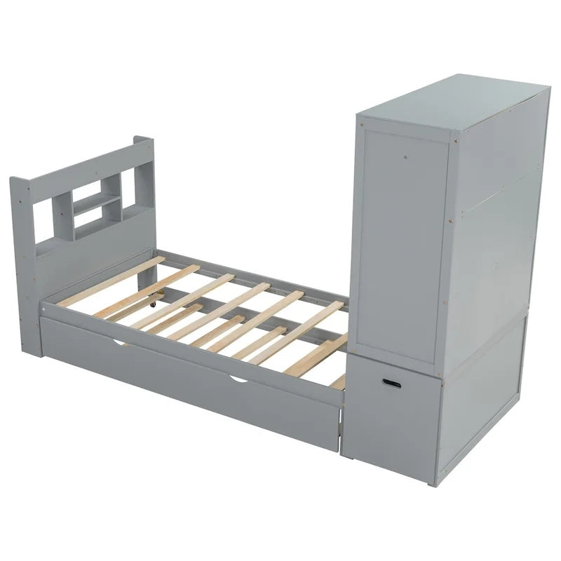Twin Platform Bed with Storage Headboard, Pull-Out Shelves, and Trundle
