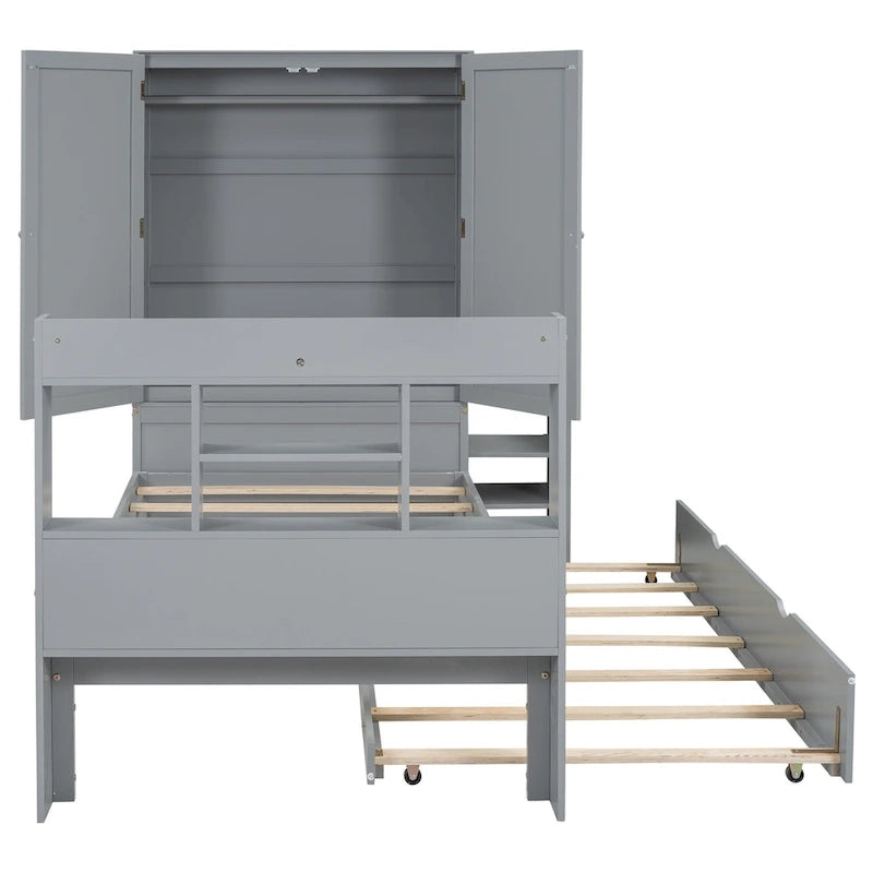 Twin Platform Bed with Storage Headboard, Pull-Out Shelves, and Trundle