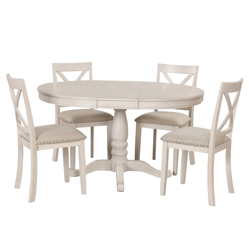Antique White Vintage 5-Piece Wooden Dining Table Set with Expandable Round Table & 4 Chairs