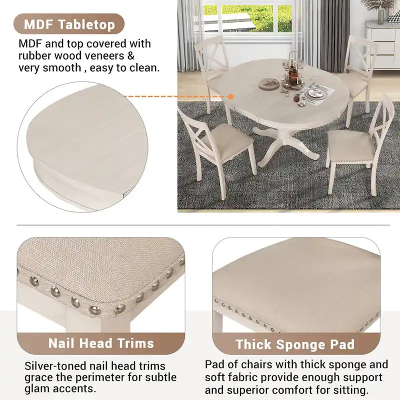 Antique White Vintage 5-Piece Wooden Dining Table Set with Expandable Round Table & 4 Chairs