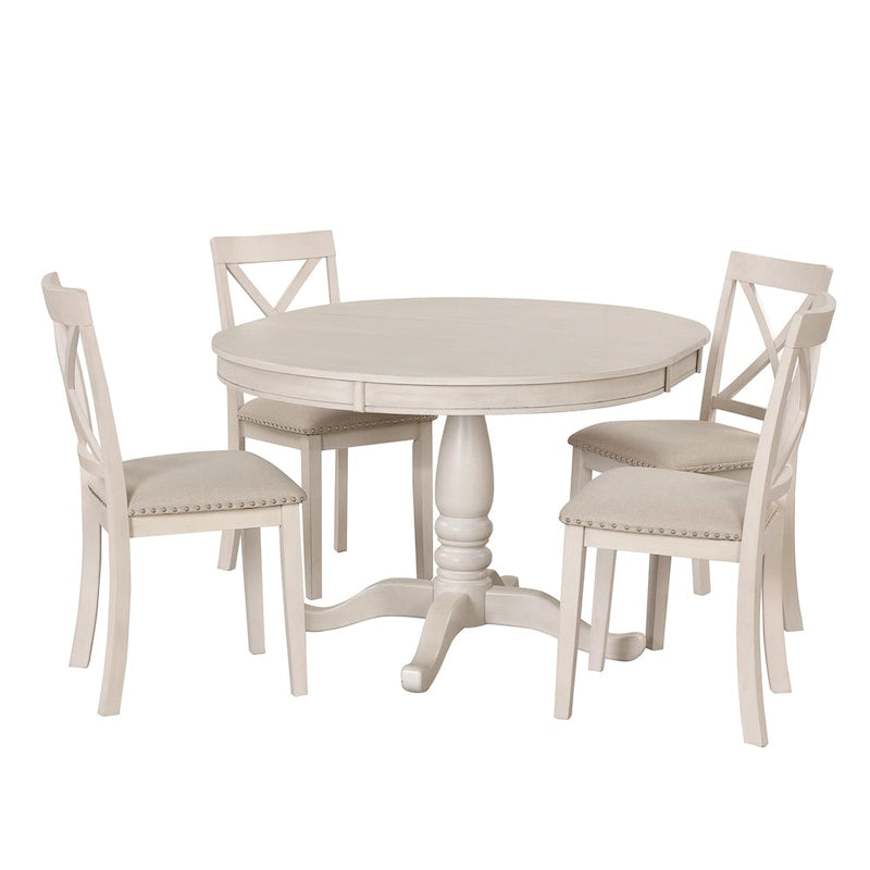 Antique White Vintage 5-Piece Wooden Dining Table Set with Expandable Round Table & 4 Chairs