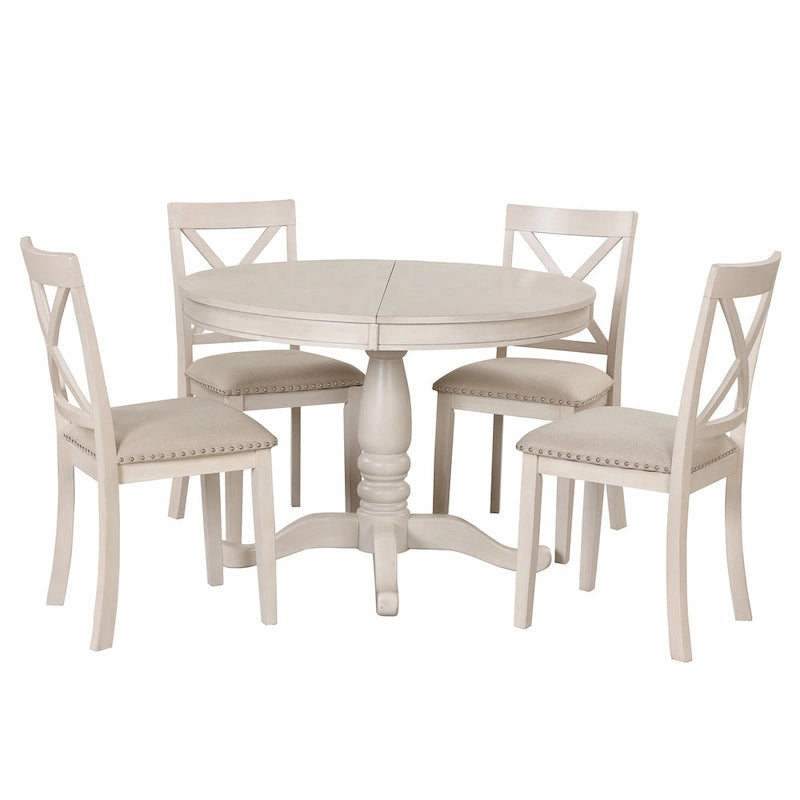 Antique White Vintage 5-Piece Wooden Dining Table Set with Expandable Round Table & 4 Chairs