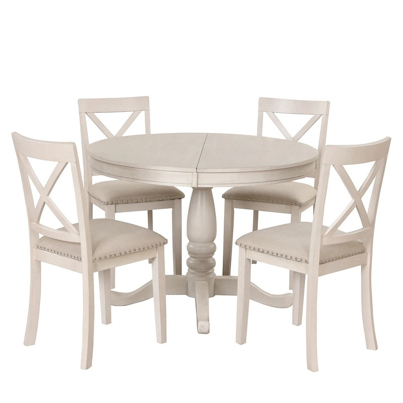 Antique White Vintage 5-Piece Wooden Dining Table Set with Expandable Round Table & 4 Chairs