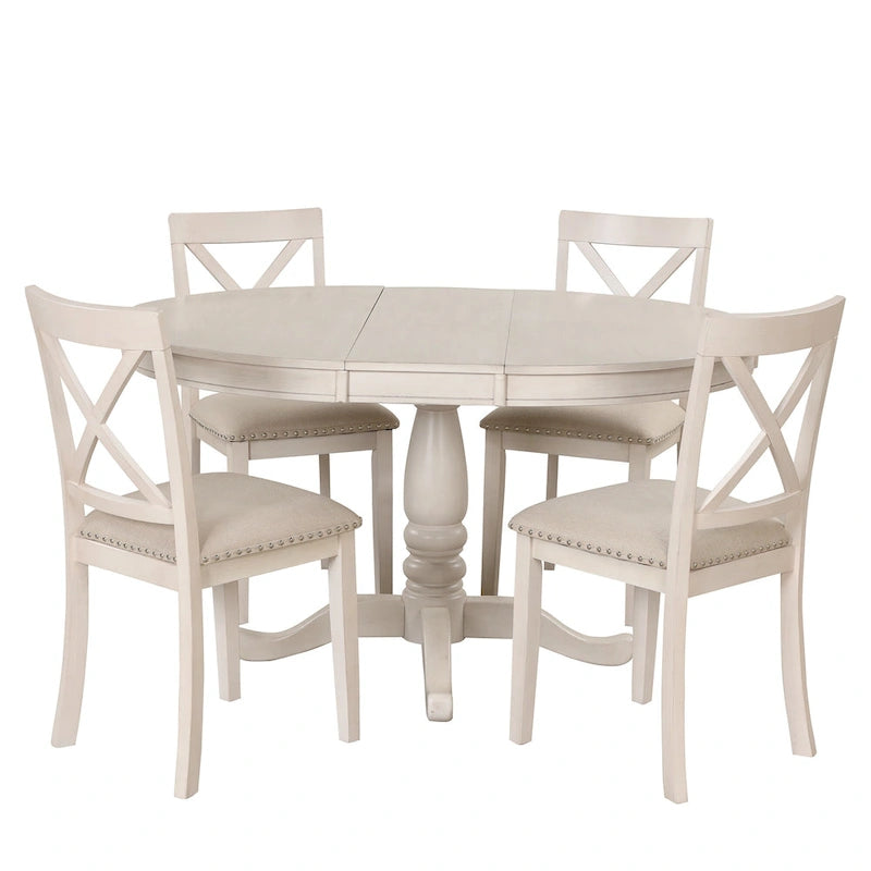 Antique White Vintage 5-Piece Wooden Dining Table Set with Expandable Round Table & 4 Chairs
