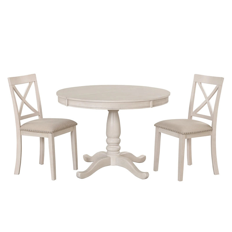 Antique White Vintage 5-Piece Wooden Dining Table Set with Expandable Round Table & 4 Chairs
