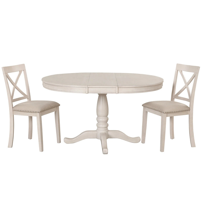 Antique White Vintage 5-Piece Wooden Dining Table Set with Expandable Round Table & 4 Chairs