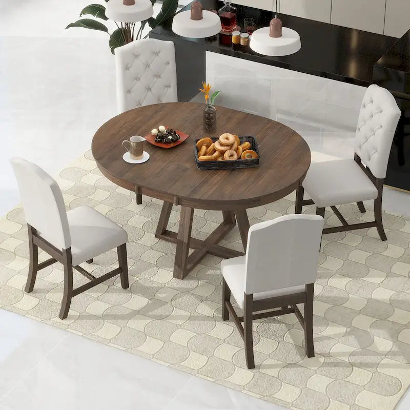 Walnut 5-Piece Wooden Dining Table Set with Expandable Round Table & 4 Chairs