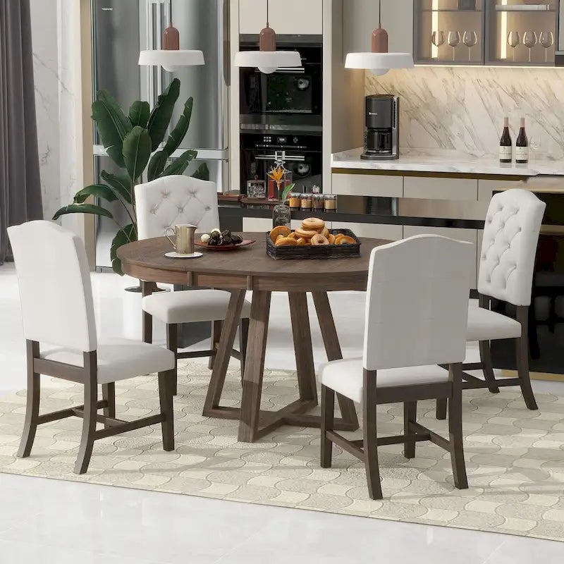 Walnut 5-Piece Wooden Dining Table Set with Expandable Round Table & 4 Chairs