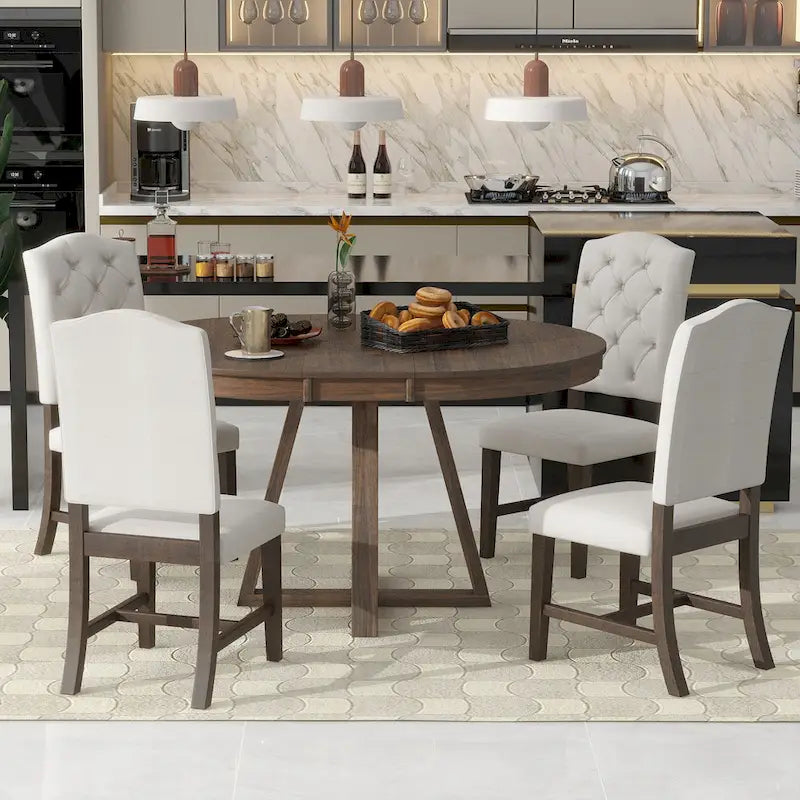 Walnut 5-Piece Wooden Dining Table Set with Expandable Round Table & 4 Chairs