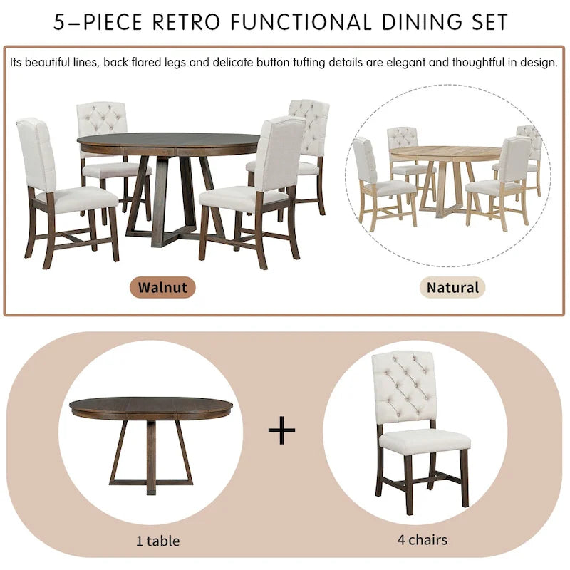 Walnut 5-Piece Wooden Dining Table Set with Expandable Round Table & 4 Chairs