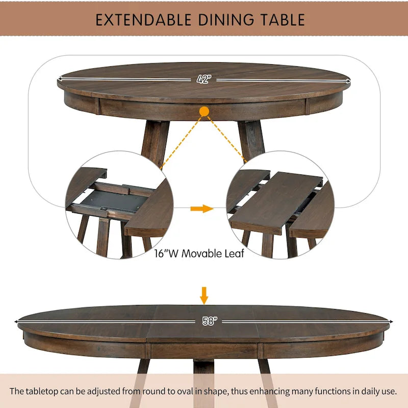 Walnut 5-Piece Wooden Dining Table Set with Expandable Round Table & 4 Chairs