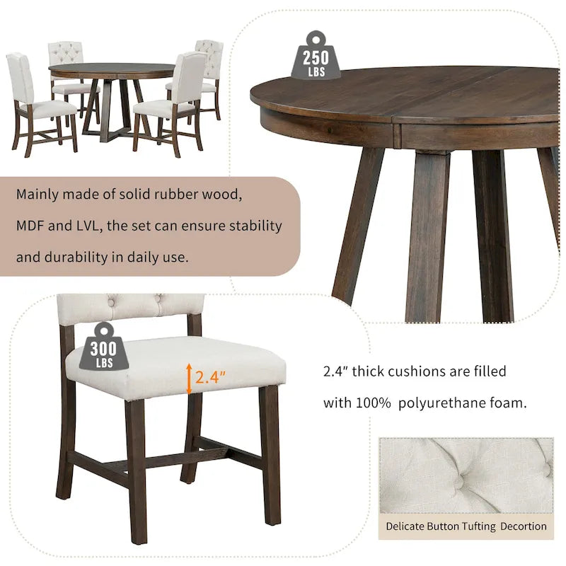 Walnut 5-Piece Wooden Dining Table Set with Expandable Round Table & 4 Chairs